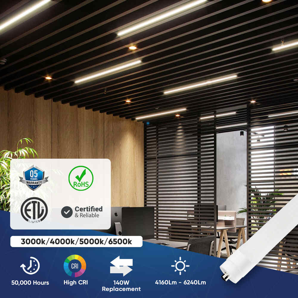 T8 8ft LED Tube/Bulb - 48w/40w/36w/32w Wattage Adjustable, 130lm/w, 3000k/4000k/5000k/6500k CCT Changeable, Frosted, FA8 Single Pin, Double End Power - Ballast Bypass