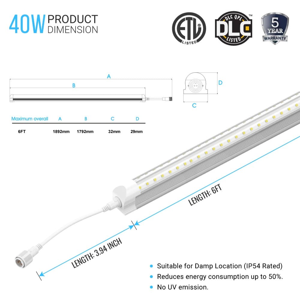 T8 LED Freezer/Cooler Tube Light - V Shape - 6ft 40W 5000k Clear 4800 Lumens Rebate Eligible, Walk-in Cooler Light - 30 Pack