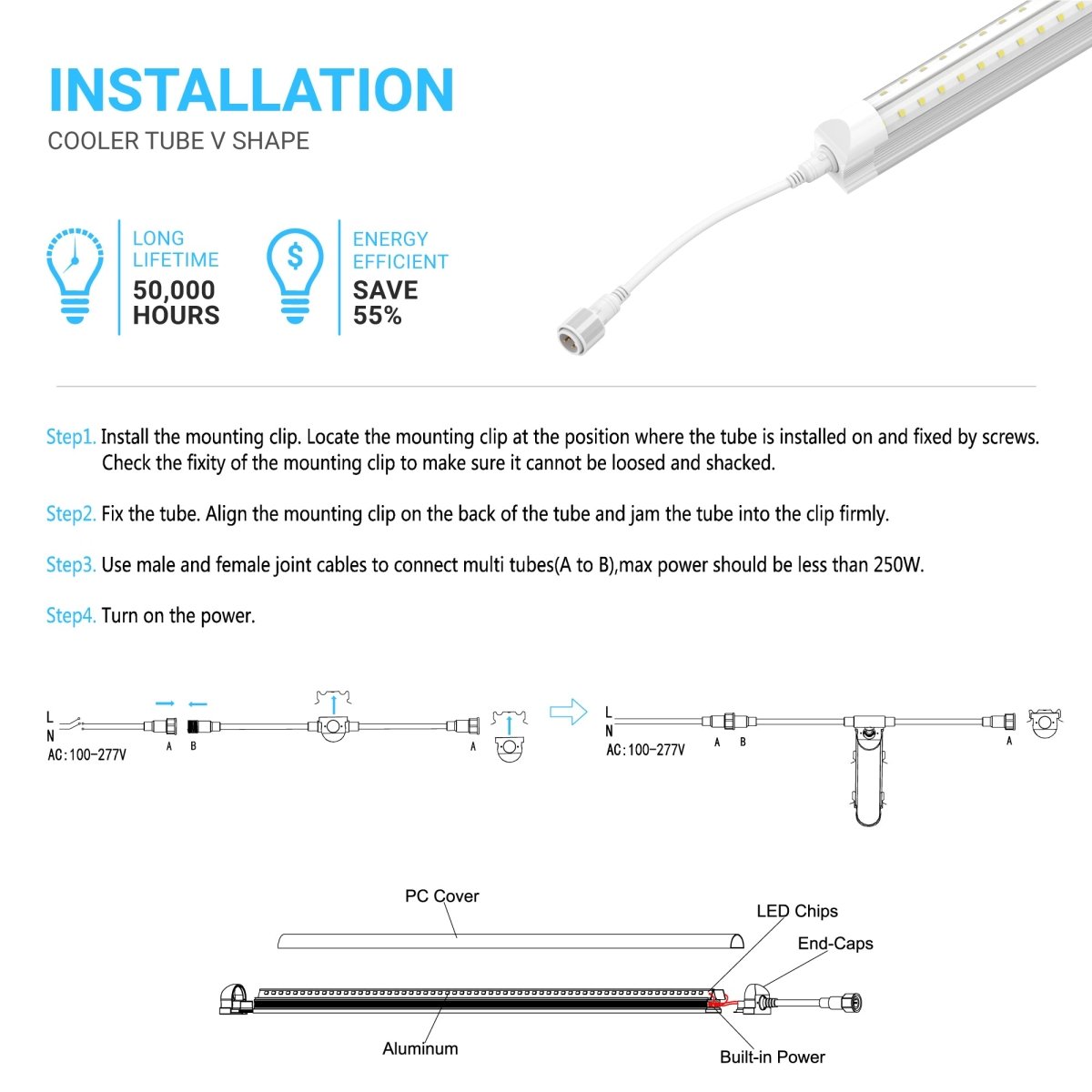 T8 LED Freezer/Cooler Tube Light - V Shape - 6ft 40W 5000k Clear 4800 Lumens Rebate Eligible, Walk-in Cooler Light - 30 Pack
