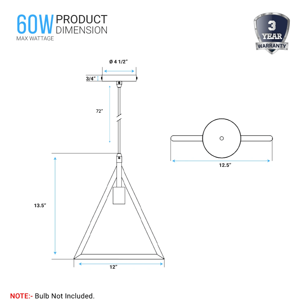 Triangle Shape Pendant Lighting Fixture, E26 Base, Matte Black Finish, UL Listed