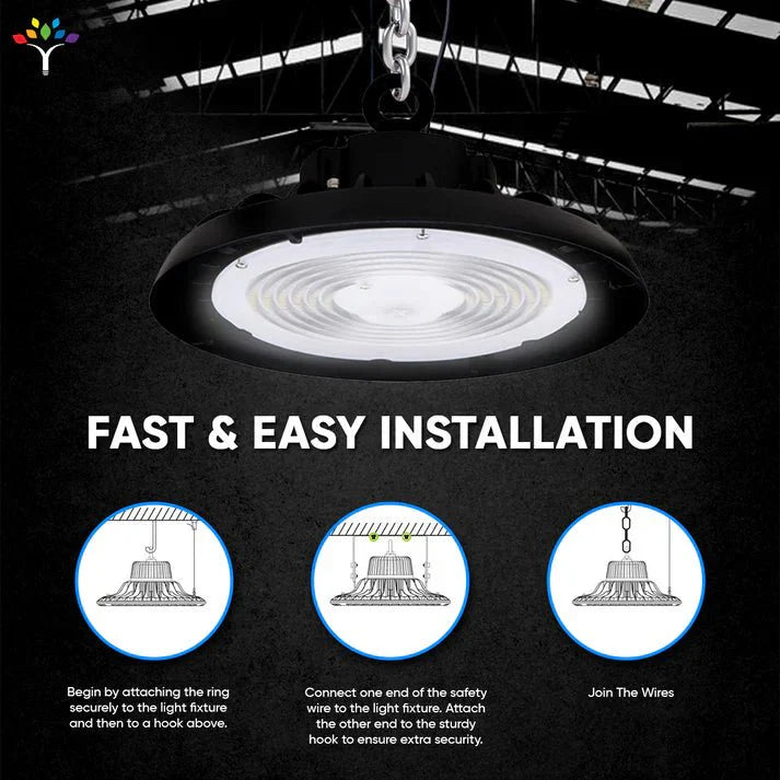 UFO LED High Bay Light 150/120/100 Watt Adjustable, 4000K Cool White, 150LM/W-155LM/W, 120-277VAC, IP65, UL, DLC Listed, 1-10V Dim, For LED Warehouse Lighting Retail Workshop Garage Factory Barn Lighting