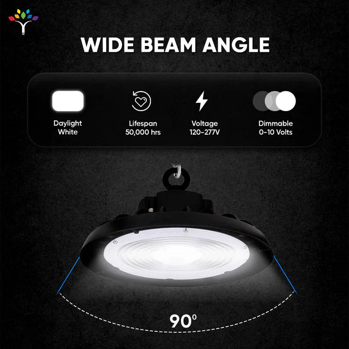 UFO LED High Bay Light 150/120/100 Watt Adjustable, 4000K Cool White, 150LM/W-155LM/W, 120-277VAC, IP65, UL, DLC Listed, 1-10V Dim, For LED Warehouse Lighting Retail Workshop Garage Factory Barn Lighting