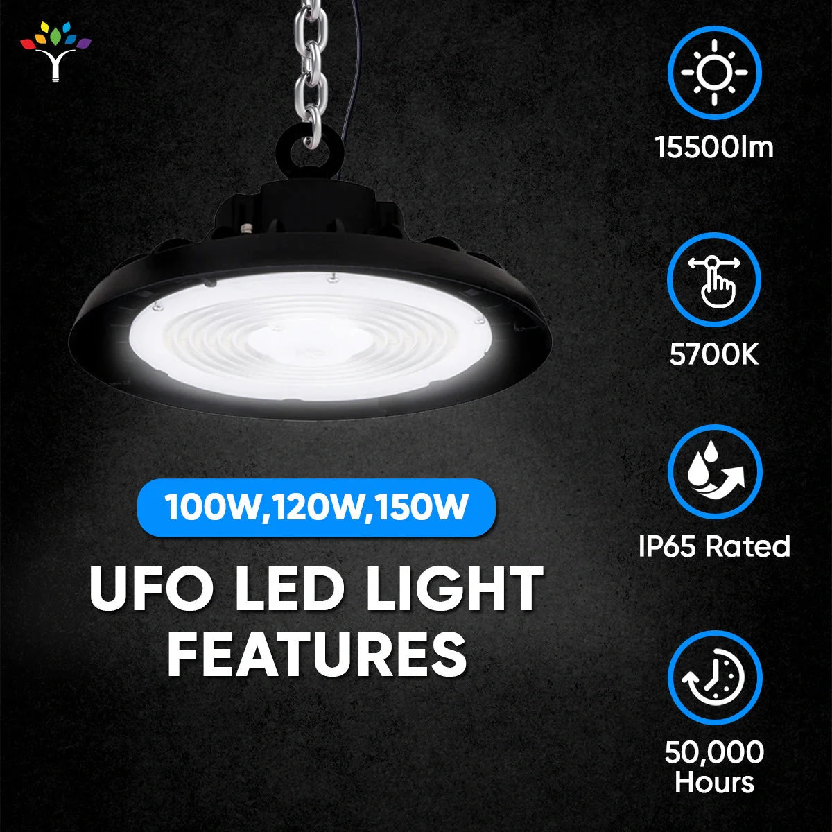 UFO LED High Bay Light 150/120/100 Watt Adjustable, 5700K, 150LM/W-155LM/W, 120-277VAC, IP65, UL, DLC Listed, 1-10V Dim, For Warehouse Factory Workshops Gymnasium & Supermarket Lighting