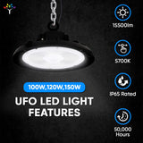 UFO LED High Bay Light 150/120/100 Watt Adjustable, 5700K, 150LM/W-155LM/W, 120-277VAC, IP65, UL, DLC Listed, 1-10V Dim, For Warehouse Factory Workshops Gymnasium & Supermarket Lighting