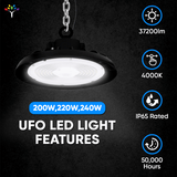 UFO LED High Bay Light  240W/220W/200W Wattage Adjustable, 4000K, 150 LM/W, DLC Premium 1-10V Dimmable,  AC120-277V, Commercial LED Light for Barn Workshop Warehouse Gym Airport Lights