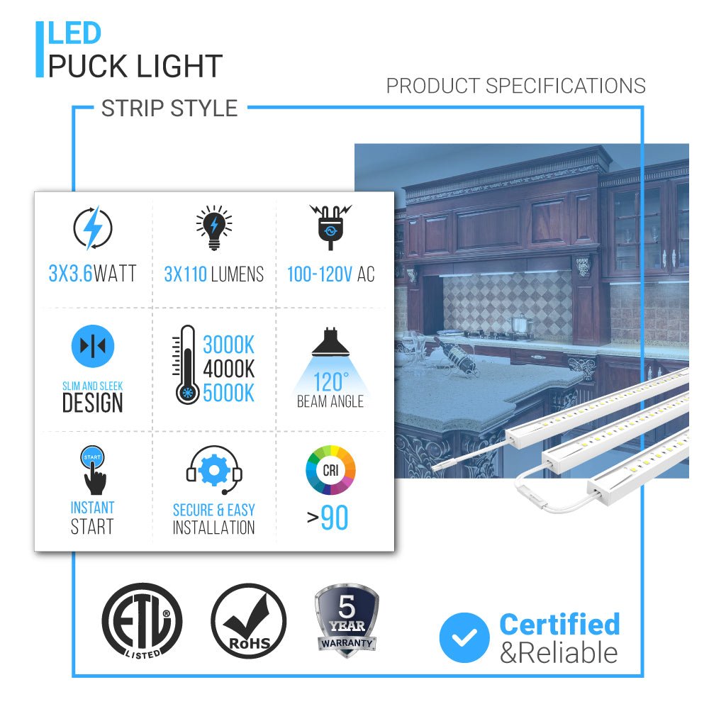 Under Cabinet LED Lighting Kit, Direct Plug-In, 12 Inch, Linkable LED Light Bar, 3-Piece Kit, 3x3.6Watt 330 LM,White - Under Counter Lights for Kitchen,Desk,Wardrobe,Closets ,Cupboard