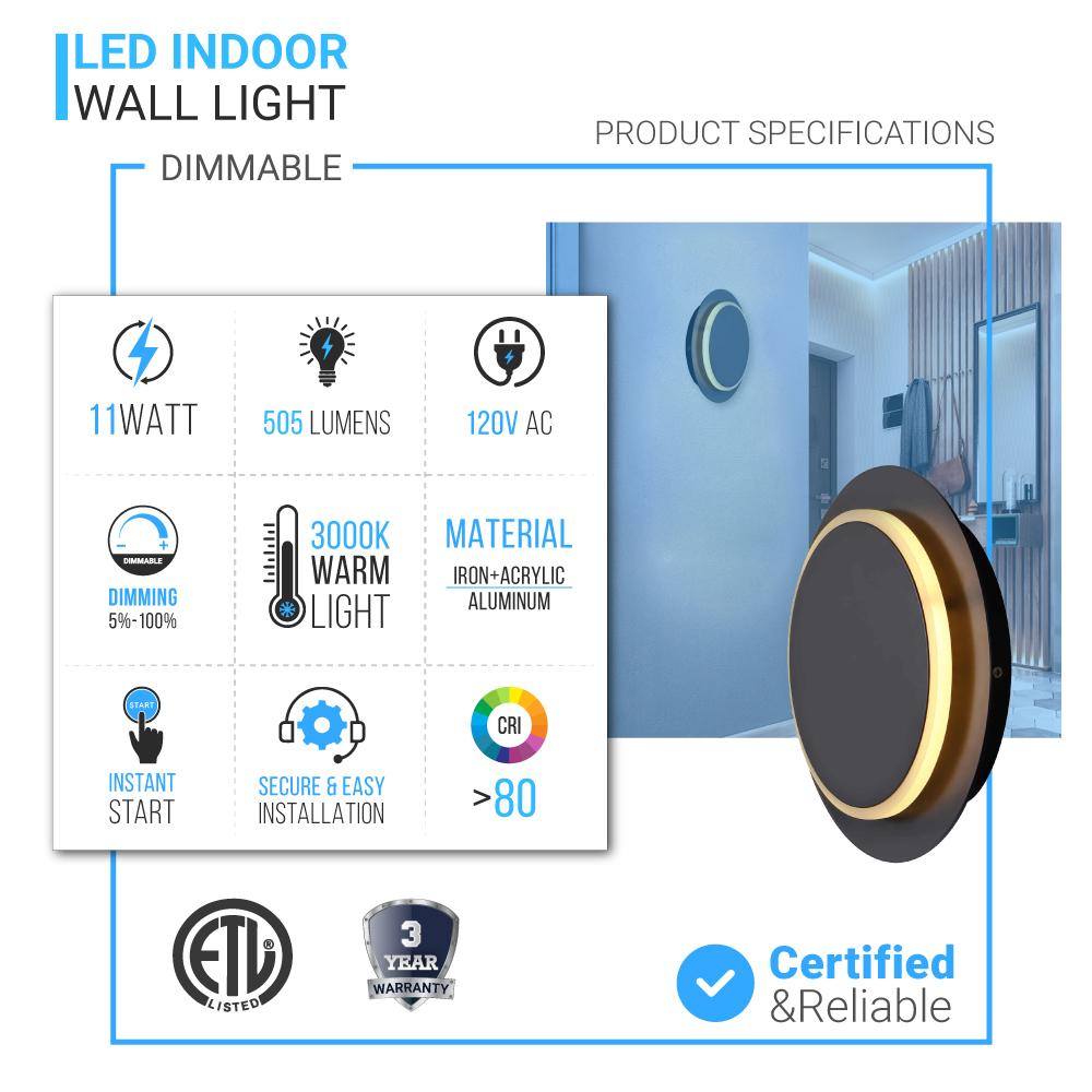 Unique Circular LED Wall Sconce, 11W, 3000K, Diameter 9.9 inch, Modern Round Lamp
