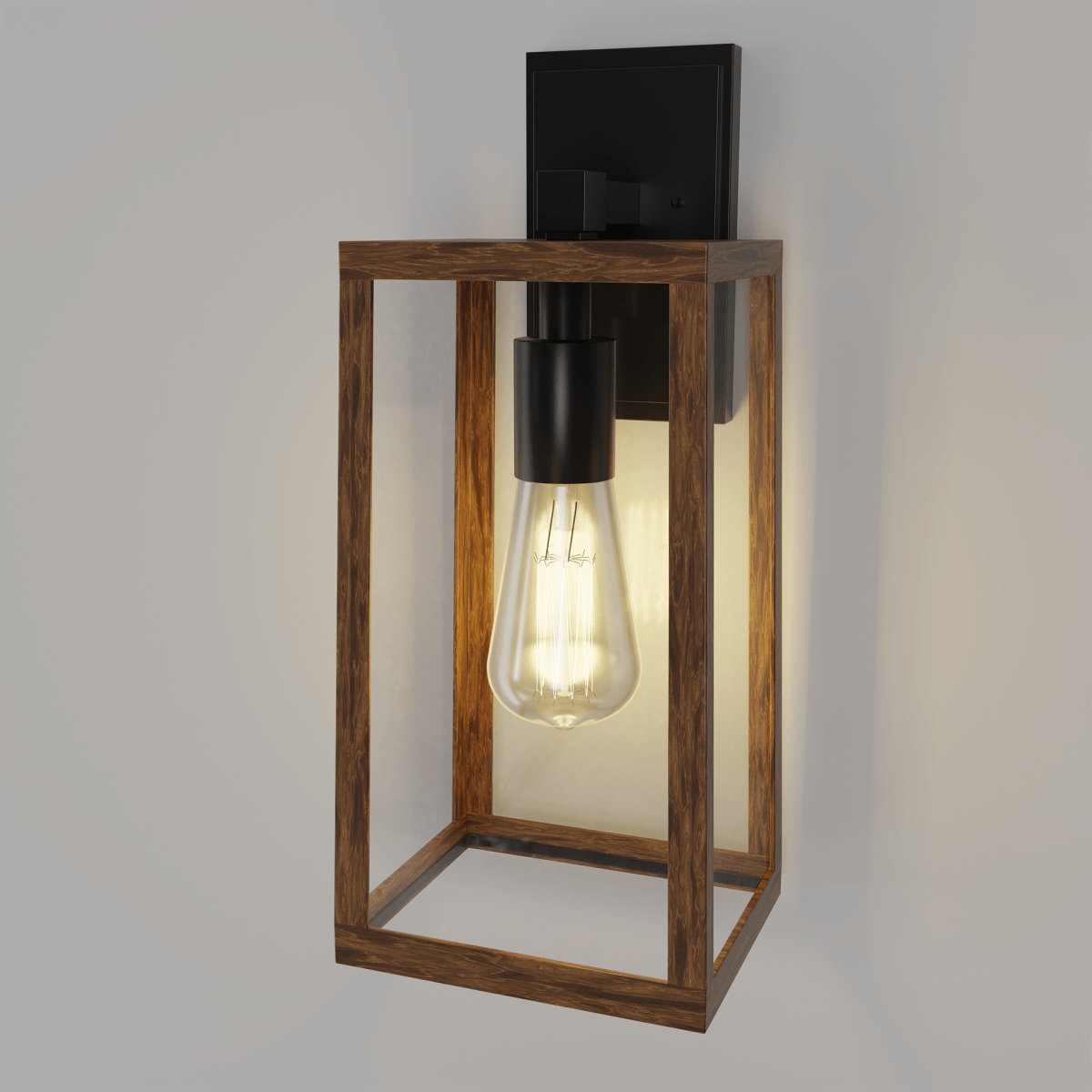 Wall Lights, Exterior Light Fixture, Clear Glass Garage Light, Modern Outdoor Lights Sconce with Waterproof, for Patio, E26 Socket Black+Wood Finish - 5.75"L x 6.1"W x 13.78"H
