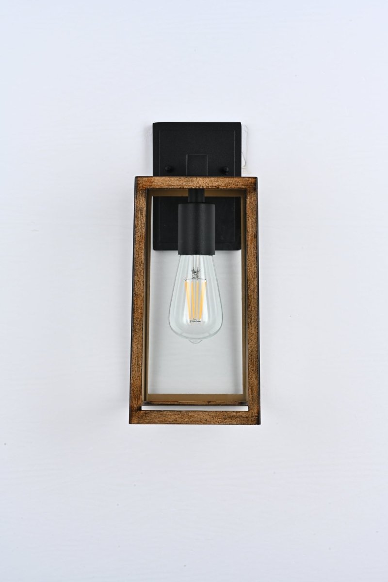 Wall Lights, Exterior Light Fixture, Clear Glass Garage Light, Modern Outdoor Lights Sconce with Waterproof, for Patio, E26 Socket Black+Wood Finish - 5.75"L x 6.1"W x 13.78"H