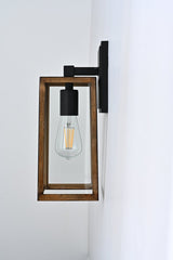 Wall Lights, Exterior Light Fixture, Clear Glass Garage Light, Modern Outdoor Lights Sconce with Waterproof, for Patio, E26 Socket Black+Wood Finish - 5.75"L x 6.1"W x 13.78"H