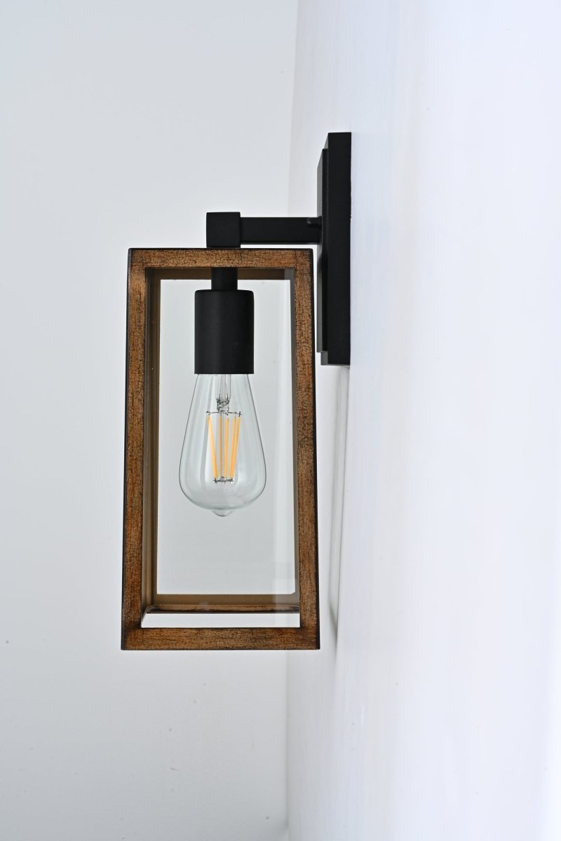 Wall Lights, Exterior Light Fixture, Clear Glass Garage Light, Modern Outdoor Lights Sconce with Waterproof, for Patio, E26 Socket Black+Wood Finish - 5.75"L x 6.1"W x 13.78"H