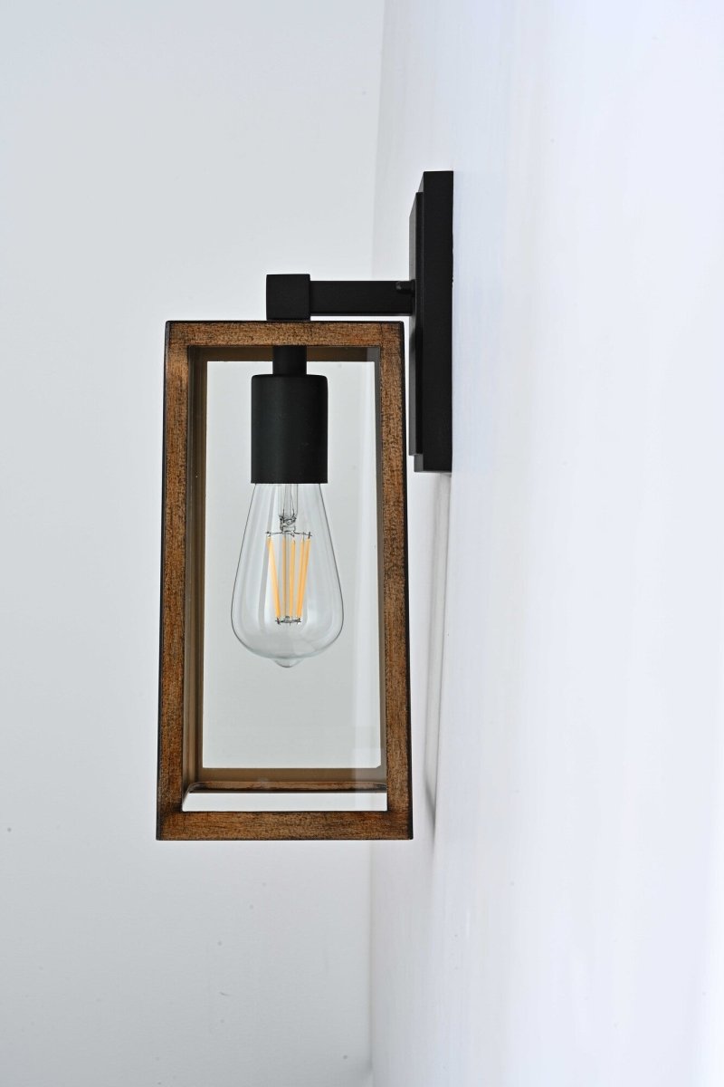 Wall Lights, Exterior Light Fixture, Clear Glass Garage Light, Modern Outdoor Lights Sconce with Waterproof, for Patio, E26 Socket Black+Wood Finish - 5.75"L x 6.1"W x 13.78"H