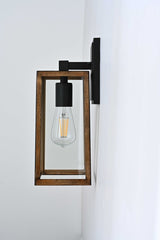 Wall Lights, Exterior Light Fixture, Clear Glass Garage Light, Modern Outdoor Lights Sconce with Waterproof, for Patio, E26 Socket Black+Wood Finish - 5.75"L x 6.1"W x 13.78"H