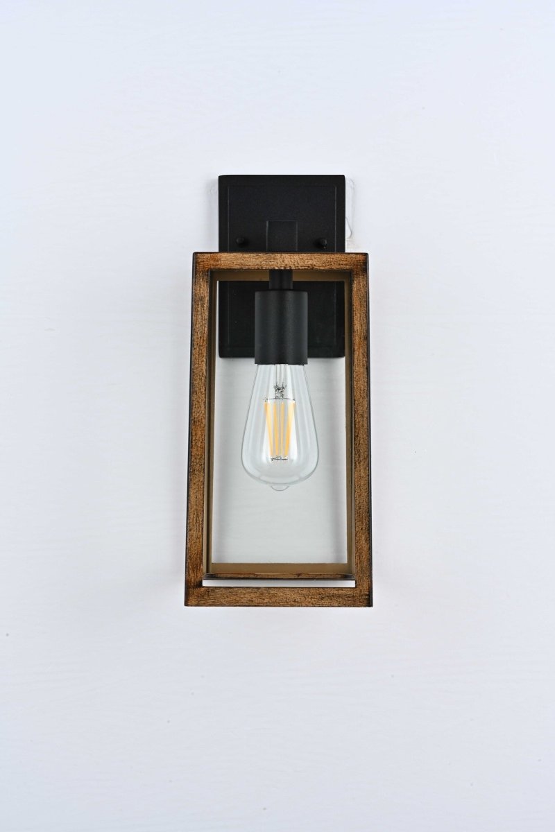 Wall Lights, Exterior Light Fixture, Clear Glass Garage Light, Modern Outdoor Lights Sconce with Waterproof, for Patio, E26 Socket Black+Wood Finish - 5.75"L x 6.1"W x 13.78"H