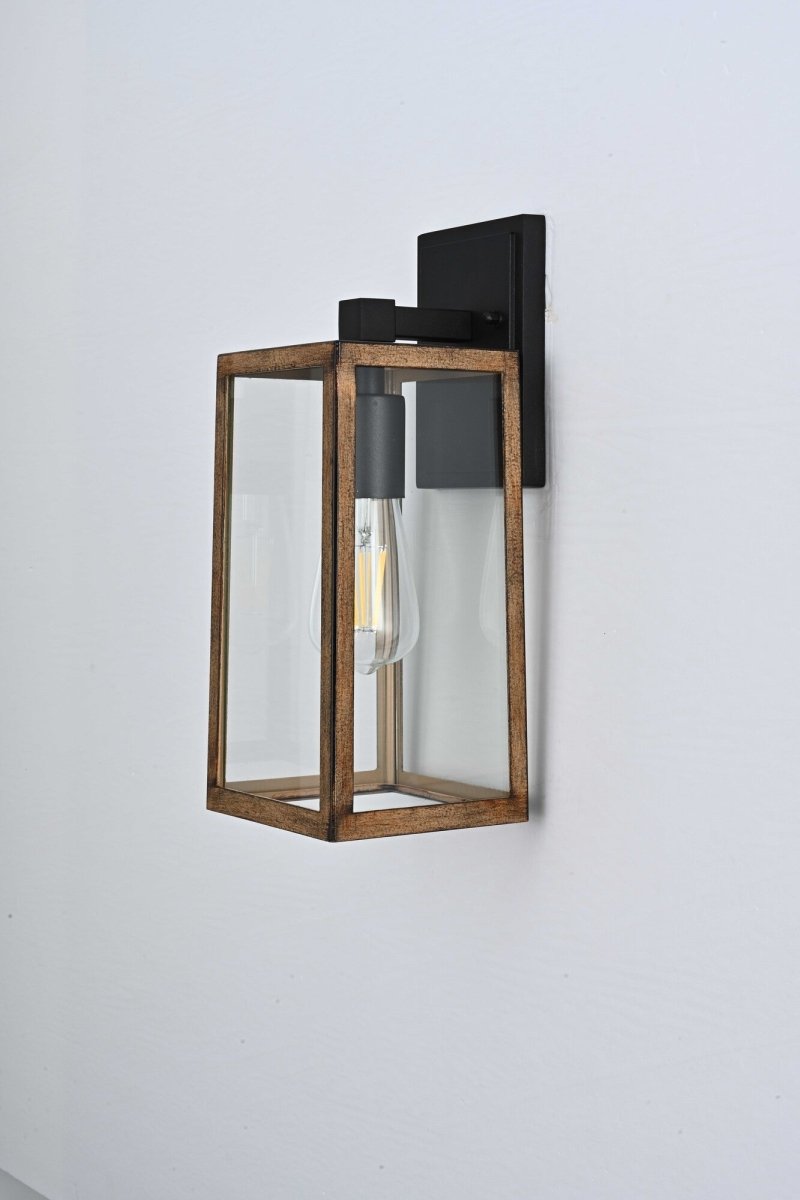 Wall Lights, Exterior Light Fixture, Clear Glass Garage Light, Modern Outdoor Lights Sconce with Waterproof, for Patio, E26 Socket Black+Wood Finish - 5.75"L x 6.1"W x 13.78"H