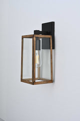 Wall Lights, Exterior Light Fixture, Clear Glass Garage Light, Modern Outdoor Lights Sconce with Waterproof, for Patio, E26 Socket Black+Wood Finish - 5.75"L x 6.1"W x 13.78"H