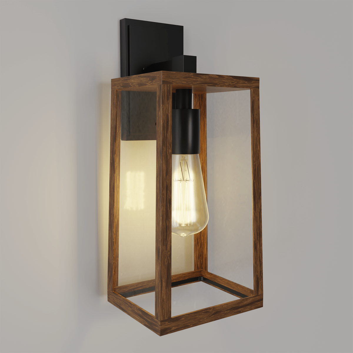 Wall Lights, Exterior Light Fixture, Clear Glass Garage Light, Modern Outdoor Lights Sconce with Waterproof, for Patio, E26 Socket Black+Wood Finish - 5.75"L x 6.1"W x 13.78"H