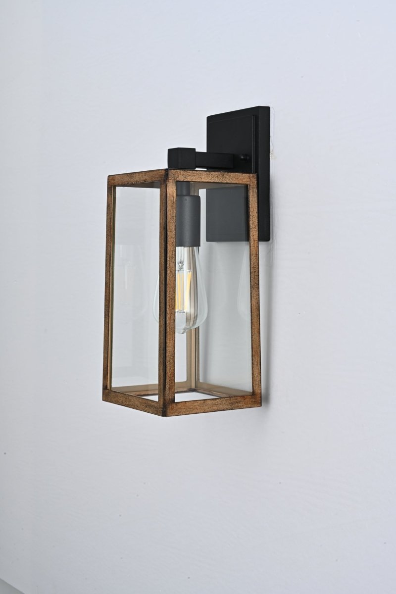Wall Lights, Exterior Light Fixture, Clear Glass Garage Light, Modern Outdoor Lights Sconce with Waterproof, for Patio, E26 Socket Black+Wood Finish - 5.75"L x 6.1"W x 13.78"H