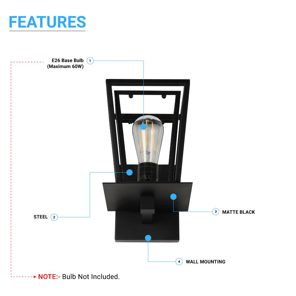Wall Sconce Fixture, UL Listed for Damp Location, E26 Socket Wall Lamp, Matte Black Finish, Hallway Light Fixtures