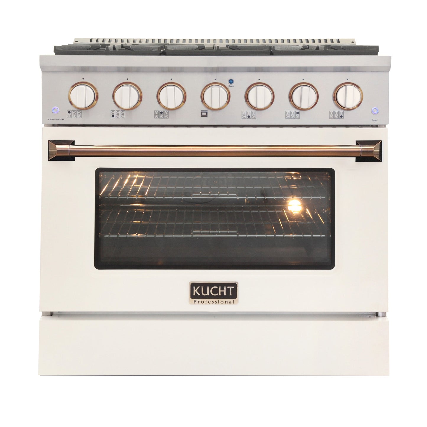 KUCHT Professional 36 in. 5.2 cu. ft. Dual Fuel Range for Propane Gas with Sealed Burners and Convection Oven in Stainless Steel with White Oven Door White Knobs and Gold Knob Rings