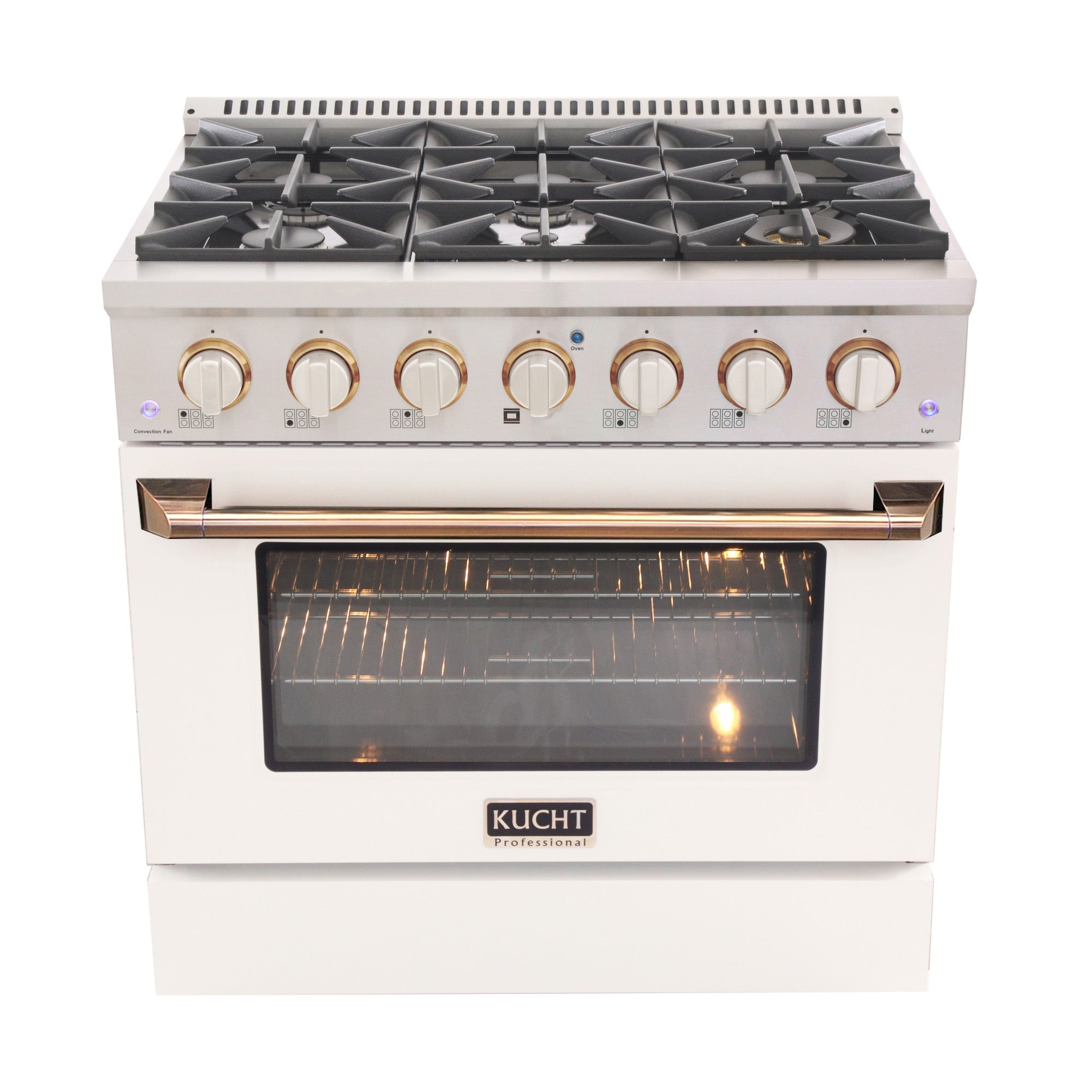 KUCHT Professional 36 in. 5.2 cu. ft. Natural Gas Range with Sealed Burners and Convection Oven in Stainless Steel with White Oven Door, White Knobs and Knobs Rings