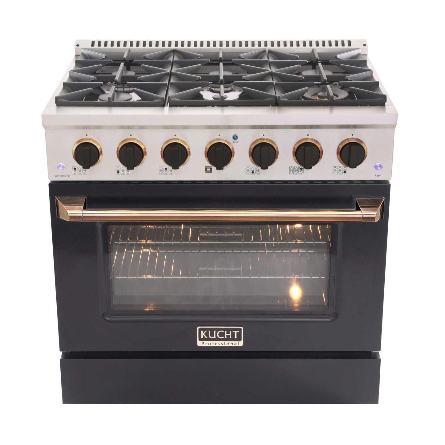 KUCHT Professional 36 in. 5.2 cu. ft. Dual Fuel Range for Natural Gas with Sealed Burners and Convection Oven in Stainless Steel with Black Oven Door Black Knobs and Gold Knob Rings
