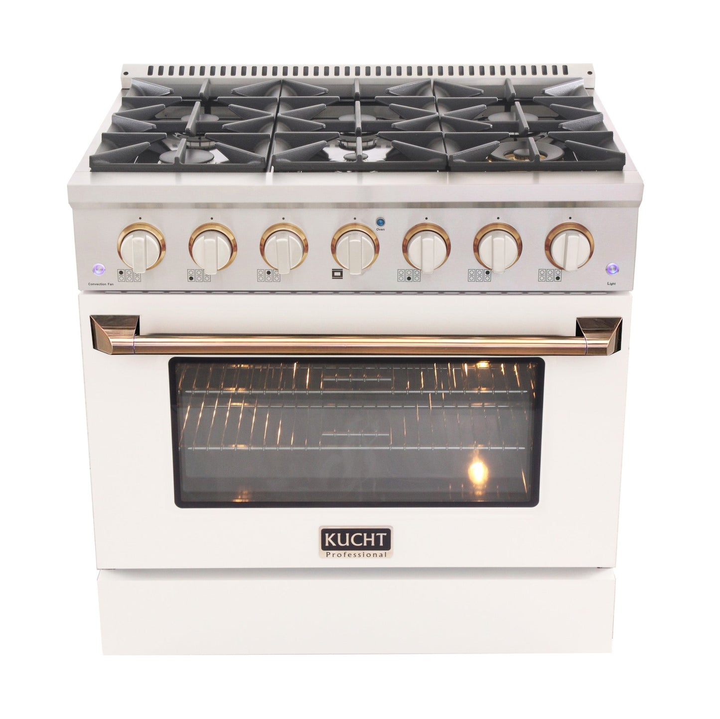 KUCHT Professional 36 in. 5.2 cu. ft. Dual Fuel Range for Propane Gas with Sealed Burners and Convection Oven in Stainless Steel with White Oven Door White Knobs and Gold Knob Rings
