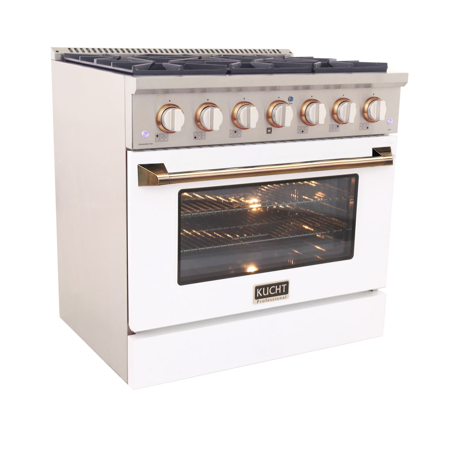 KUCHT Professional 36 in. 5.2 cu. ft. Dual Fuel Range for Propane Gas with Sealed Burners and Convection Oven in Stainless Steel with White Oven Door White Knobs and Gold Knob Rings