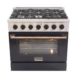 KUCHT Professional 36 in. 5.2 cu. ft. Dual Fuel Range for Natural Gas with Sealed Burners and Convection Oven in Stainless Steel with Black Oven Door Black Knobs and Gold Knob Rings