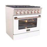 KUCHT Professional 36 in. 5.2 cu. ft. Dual Fuel Range for Propane Gas with Sealed Burners and Convection Oven in Stainless Steel with White Oven Door White Knobs and Gold Knob Rings
