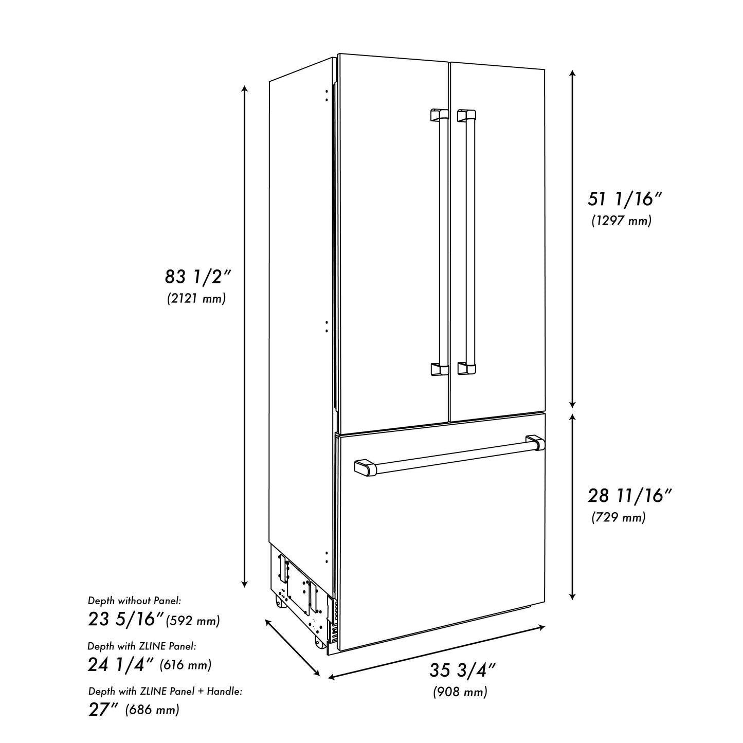 ZLINE Autograph Edition 36 in. 19.6 cu. ft. French Door Built-In Bottom Freezer Refrigerator with Water Dispenser and Ice Maker in Black Stainless Steel with Polished Gold Accents (RBIVZ-BS-36-G)