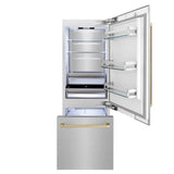 ZLINE Autograph Edition 30 in. 16.1 cu. ft. Built-In Bottom Freezer Refrigerator with Water Dispenser and Ice Maker in Satin Stainless Steel with Champagne Bronze Accents (RBIVZ-SN-30-CB)