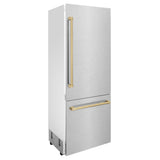 ZLINE Autograph Edition 30 in. 16.1 cu. ft. Built-In Bottom Freezer Refrigerator with Water Dispenser and Ice Maker in Satin Stainless Steel with Champagne Bronze Accents (RBIVZ-SN-30-CB)