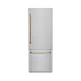 ZLINE Autograph Edition 30 in. 16.1 cu. ft. Built-In Bottom Freezer Refrigerator with Water Dispenser and Ice Maker in Satin Stainless Steel with Polished Gold Accents (RBIVZ-SN-30-G)