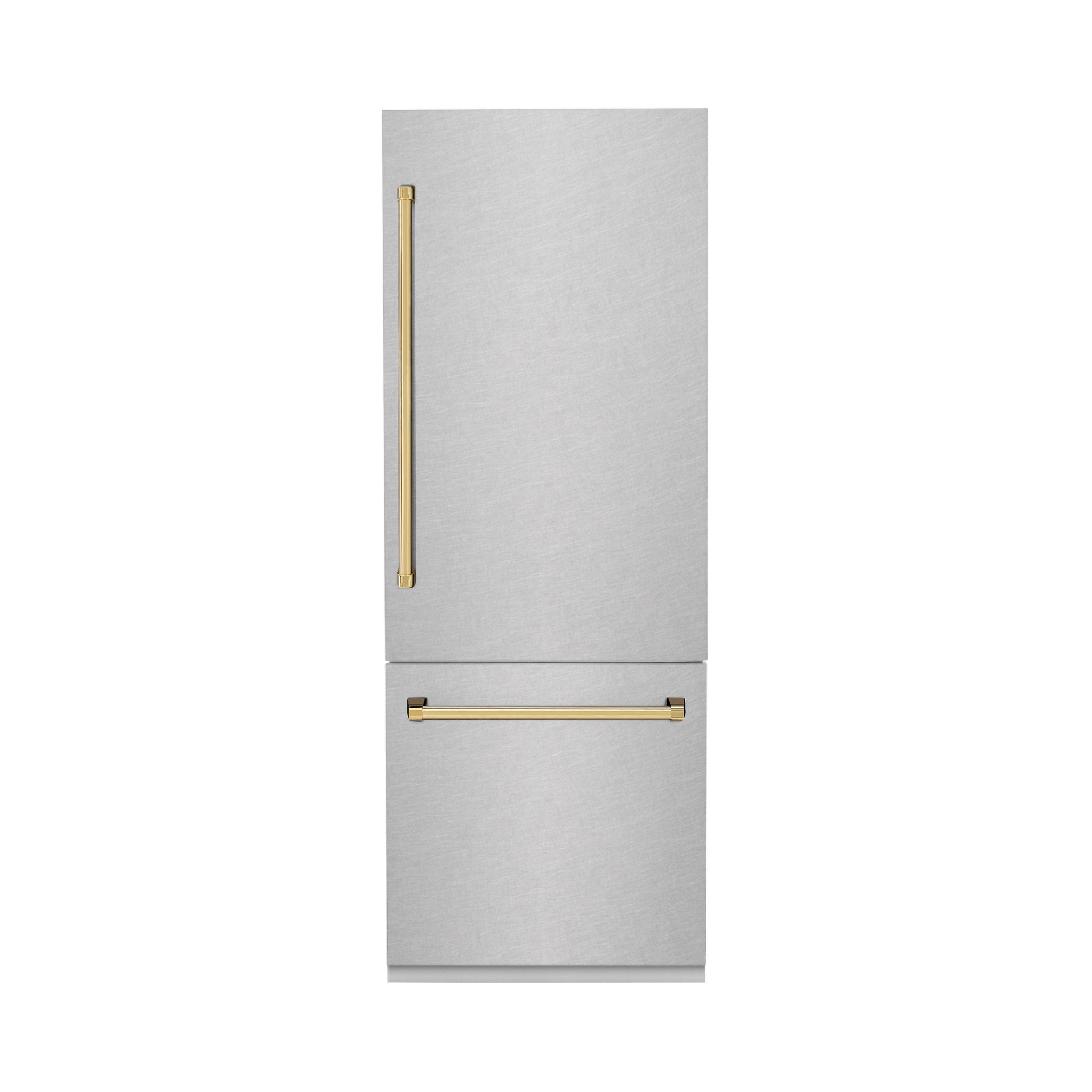 ZLINE Autograph Edition 30 in. 16.1 cu. ft. Built-In Bottom Freezer Refrigerator with Water Dispenser and Ice Maker in Satin Stainless Steel with Polished Gold Accents (RBIVZ-SN-30-G)