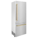 ZLINE Autograph Edition 30 in. 16.1 cu. ft. Built-In Bottom Freezer Refrigerator with Water Dispenser and Ice Maker in Satin Stainless Steel with Polished Gold Accents (RBIVZ-SN-30-G)