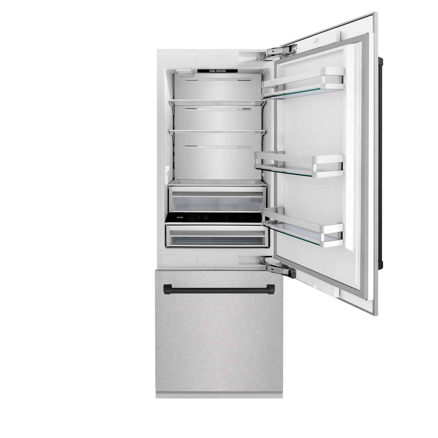 ZLINE Autograph Edition 30 in. 16.1 cu. ft. Built-In Bottom Freezer Refrigerator with Water Dispenser and Ice Maker in Satin Stainless Steel with Matte Black Accents (RBIVZ-SN-30-MB)