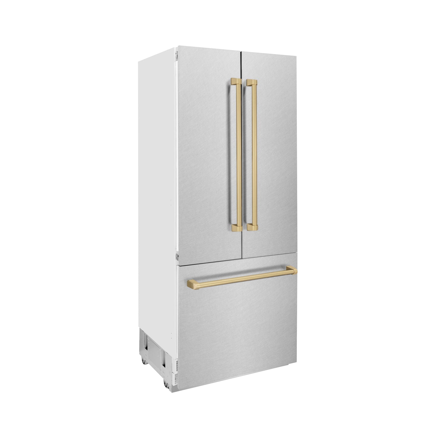 ZLINE Autograph Edition 36 in. 19.6 cu. ft. French Door Built-In Bottom Freezer Refrigerator with Water Dispenser and Ice Maker in Satin Stainless Steel with Champagne Bronze Accents (RBIVZ-SN-36-CB)