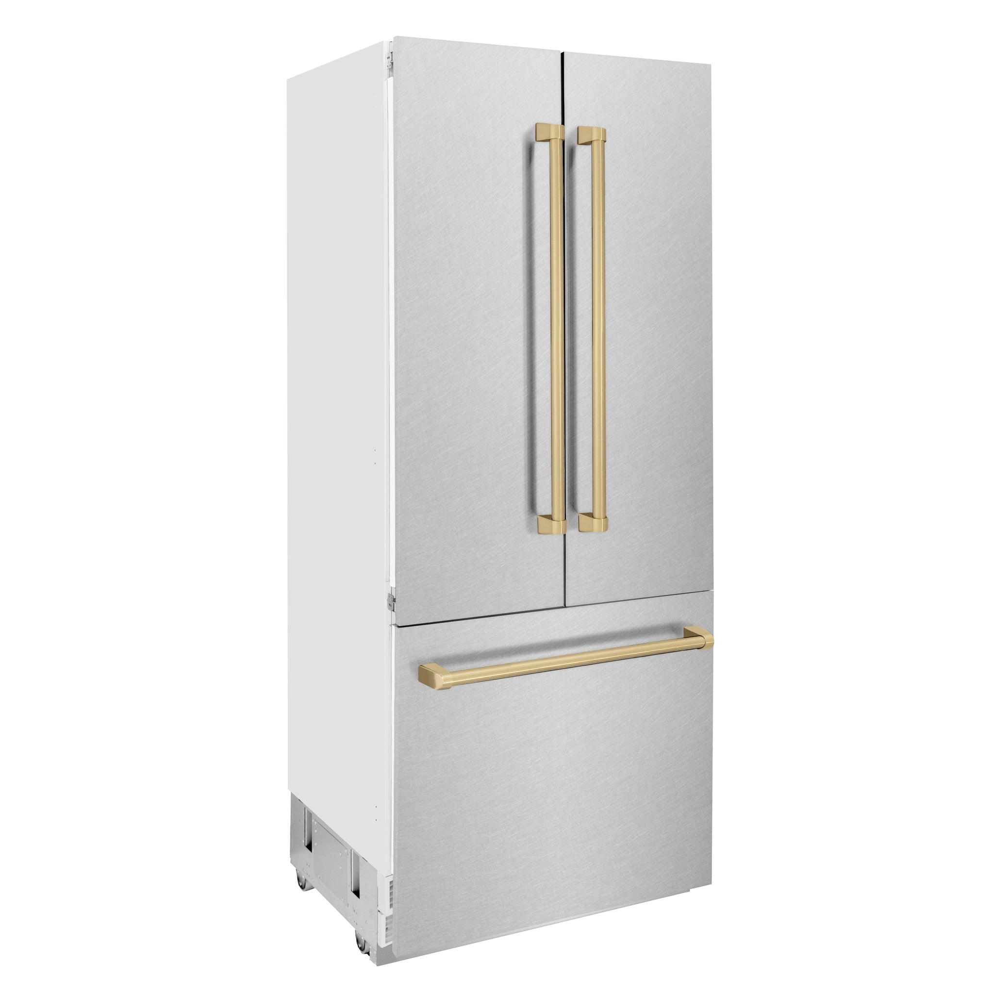 ZLINE Autograph Edition 36 in. 19.6 cu. ft. French Door Built-In Bottom Freezer Refrigerator with Water Dispenser and Ice Maker in Satin Stainless Steel with Champagne Bronze Accents (RBIVZ-SN-36-CB)
