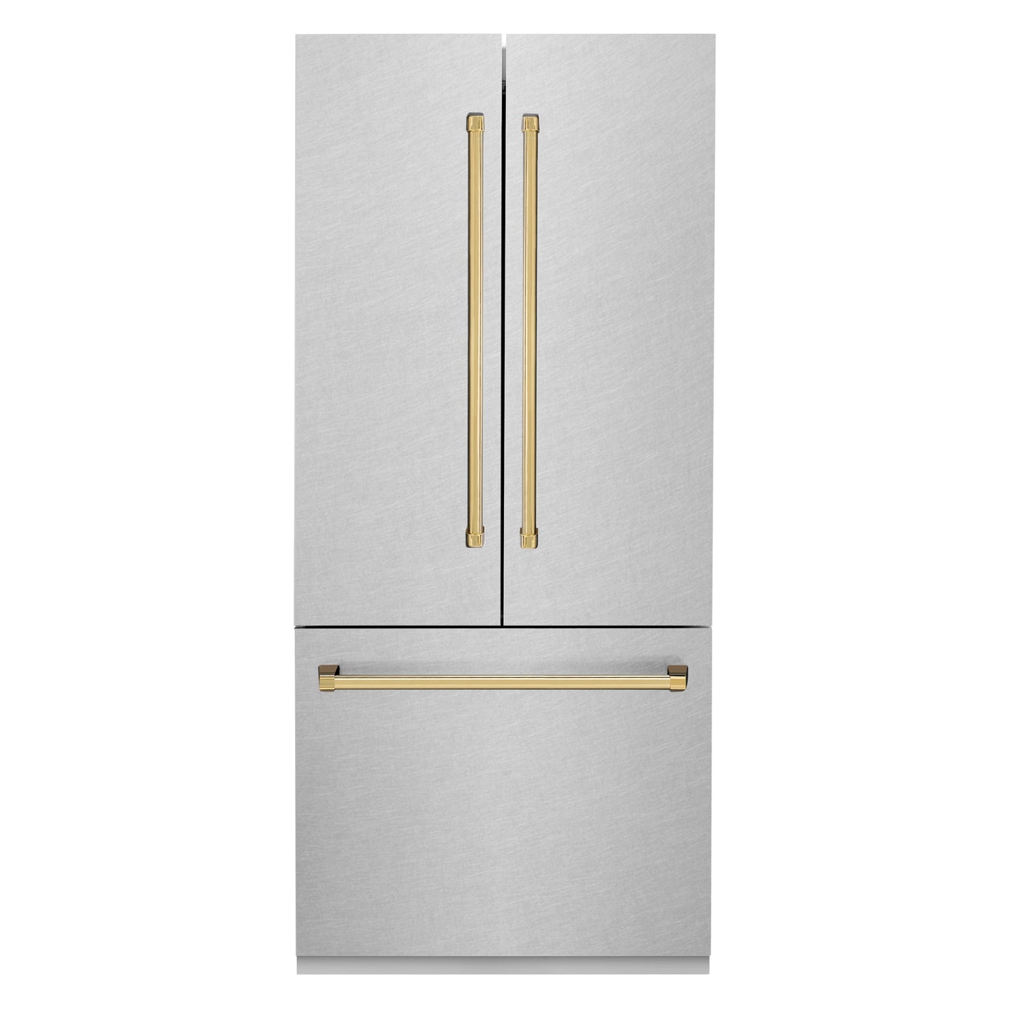 ZLINE Autograph Edition 36 in. 19.6 cu. ft. French Door Built-In Bottom Freezer Refrigerator with Water Dispenser and Ice Maker in Satin Stainless Steel with Polished Gold Accents (RBIVZ-SN-36-G)