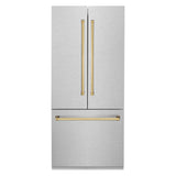 ZLINE Autograph Edition 36 in. 19.6 cu. ft. French Door Built-In Bottom Freezer Refrigerator with Water Dispenser and Ice Maker in Satin Stainless Steel with Polished Gold Accents (RBIVZ-SN-36-G)