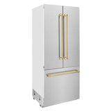 ZLINE Autograph Edition 36 in. 19.6 cu. ft. French Door Built-In Bottom Freezer Refrigerator with Water Dispenser and Ice Maker in Satin Stainless Steel with Polished Gold Accents (RBIVZ-SN-36-G)