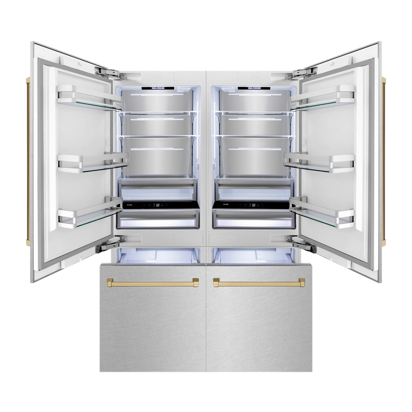 ZLINE Autograph Edition 60 in. 32.2 cu. ft. French Door Built-In Bottom Freezer Refrigerator with Water Dispenser and Ice Maker in Satin Stainless Steel with Champagne Bronze Accents (RBIVZ-SN-60-CB)