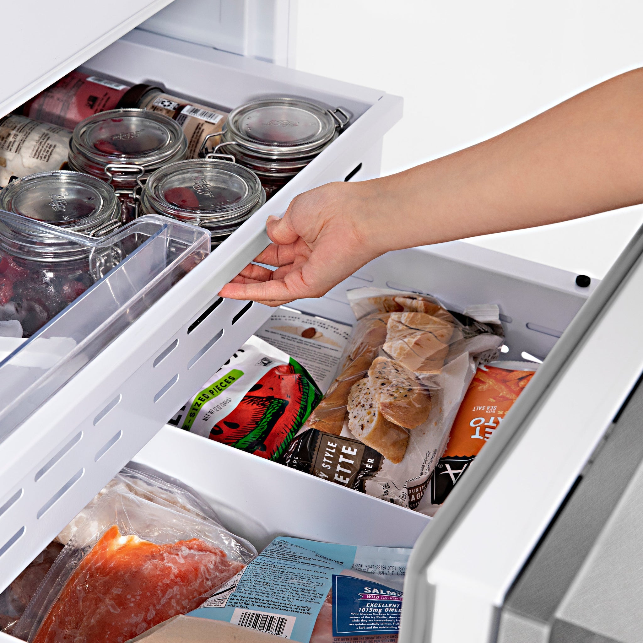 ZLINE Autograph Edition 60 in. 32.2 cu. ft. French Door Built-In Bottom Freezer Refrigerator with Water Dispenser and Ice Maker in Satin Stainless Steel with Polished Gold Accents (RBIVZ-SN-60-G)