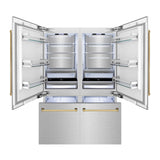 ZLINE Autograph Edition 60 in. 32.2 cu. ft. French Door Built-In Bottom Freezer Refrigerator with Water Dispenser and Ice Maker in Satin Stainless Steel with Polished Gold Accents (RBIVZ-SN-60-G)