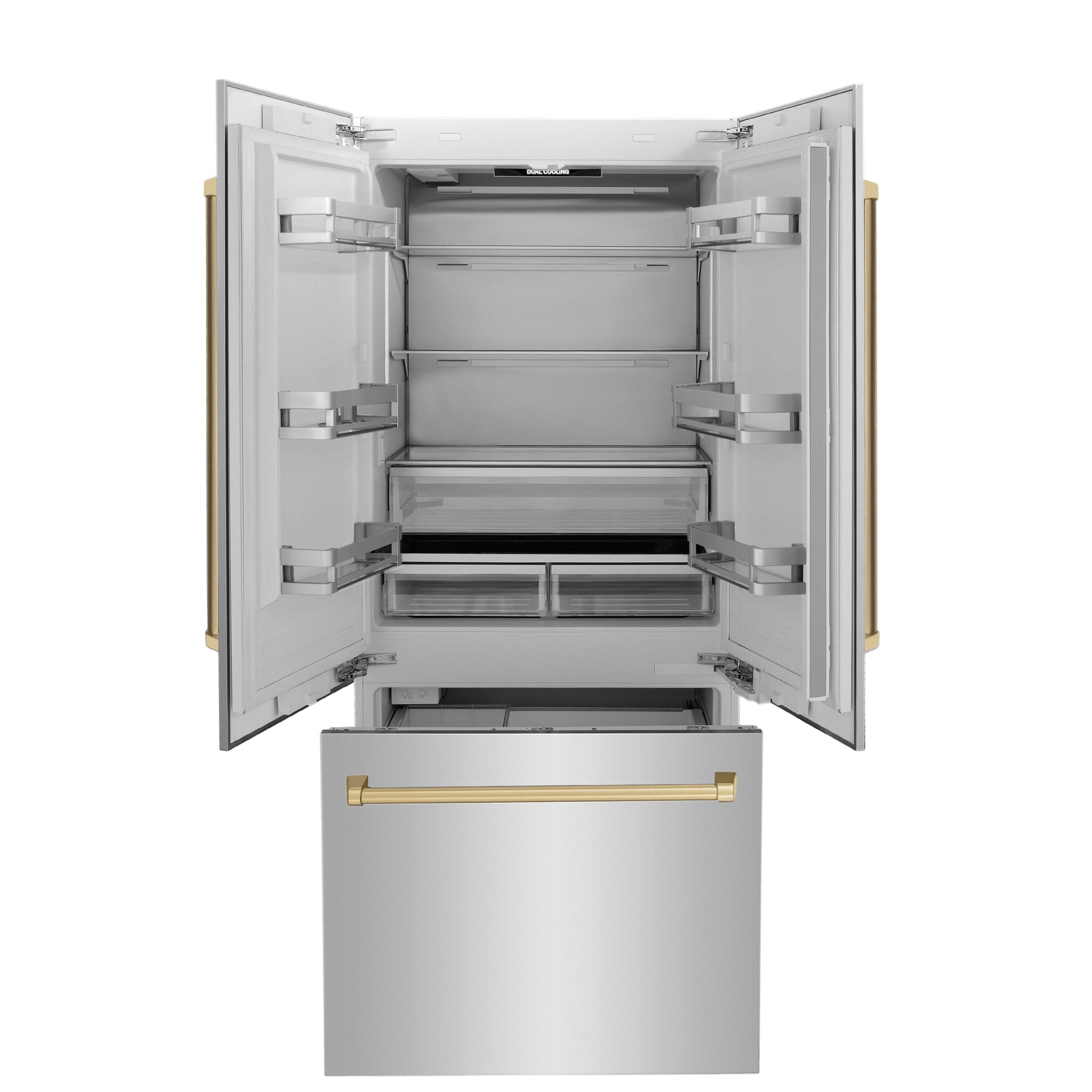 ZLINE Autograph Edition 36 in. 19.6 cu. ft. French Door Built-In Bottom Freezer Refrigerator with Water Dispenser and Ice Maker in Stainless Steel with Champagne Bronze Accents (RBIVZ-304-36-CB)