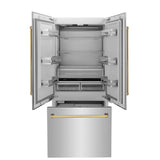 ZLINE Autograph Edition 36 in. 19.6 cu. ft. French Door Built-In Bottom Freezer Refrigerator with Water Dispenser and Ice Maker in Stainless Steel with Polished Gold Accents (RBIVZ-304-36-G)