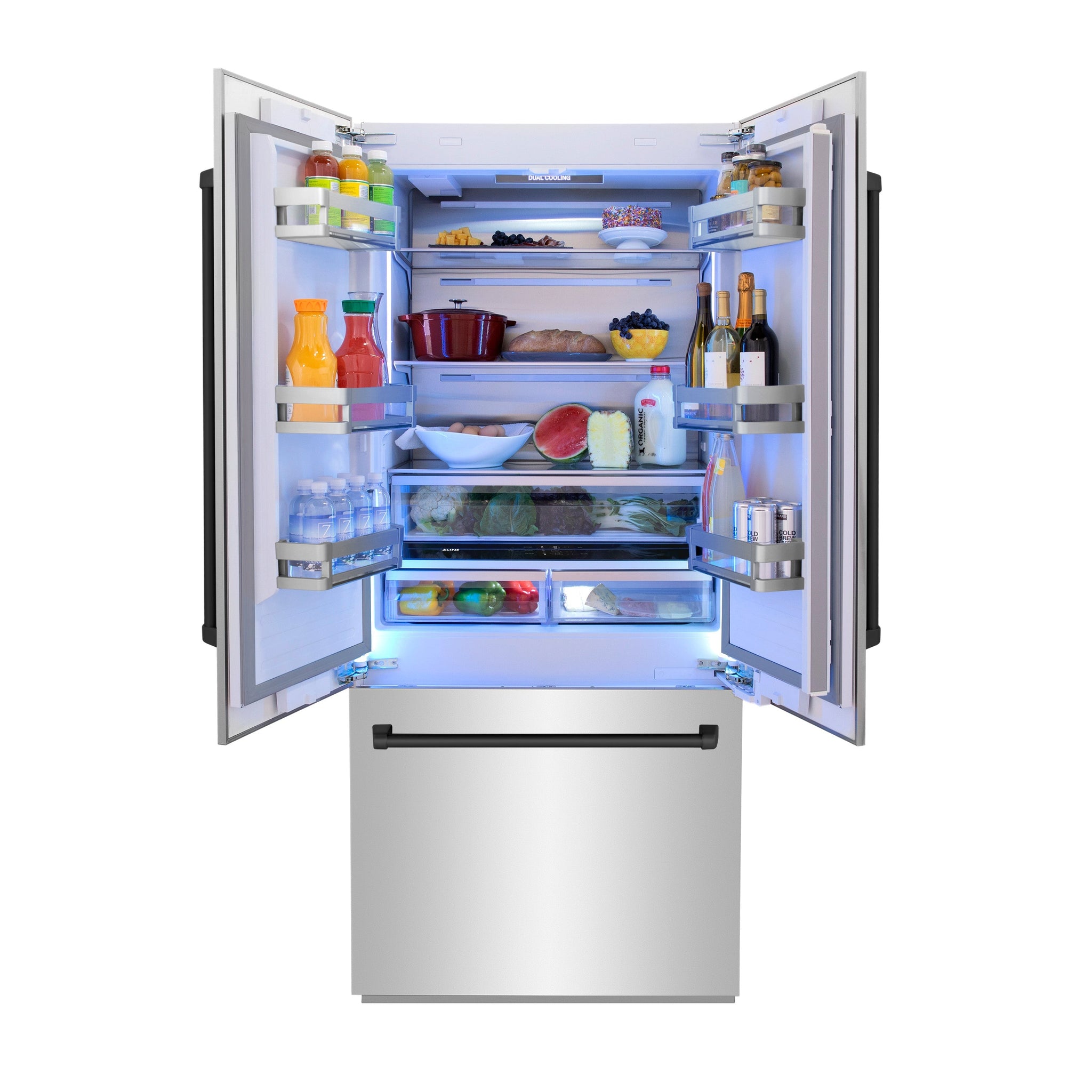 ZLINE Autograph Edition 36 in. 19.6 cu. ft. French Door Built-In Bottom Freezer Refrigerator with Water Dispenser and Ice Maker in Stainless Steel with Matte Black Accents (RBIVZ-304-36-MB)