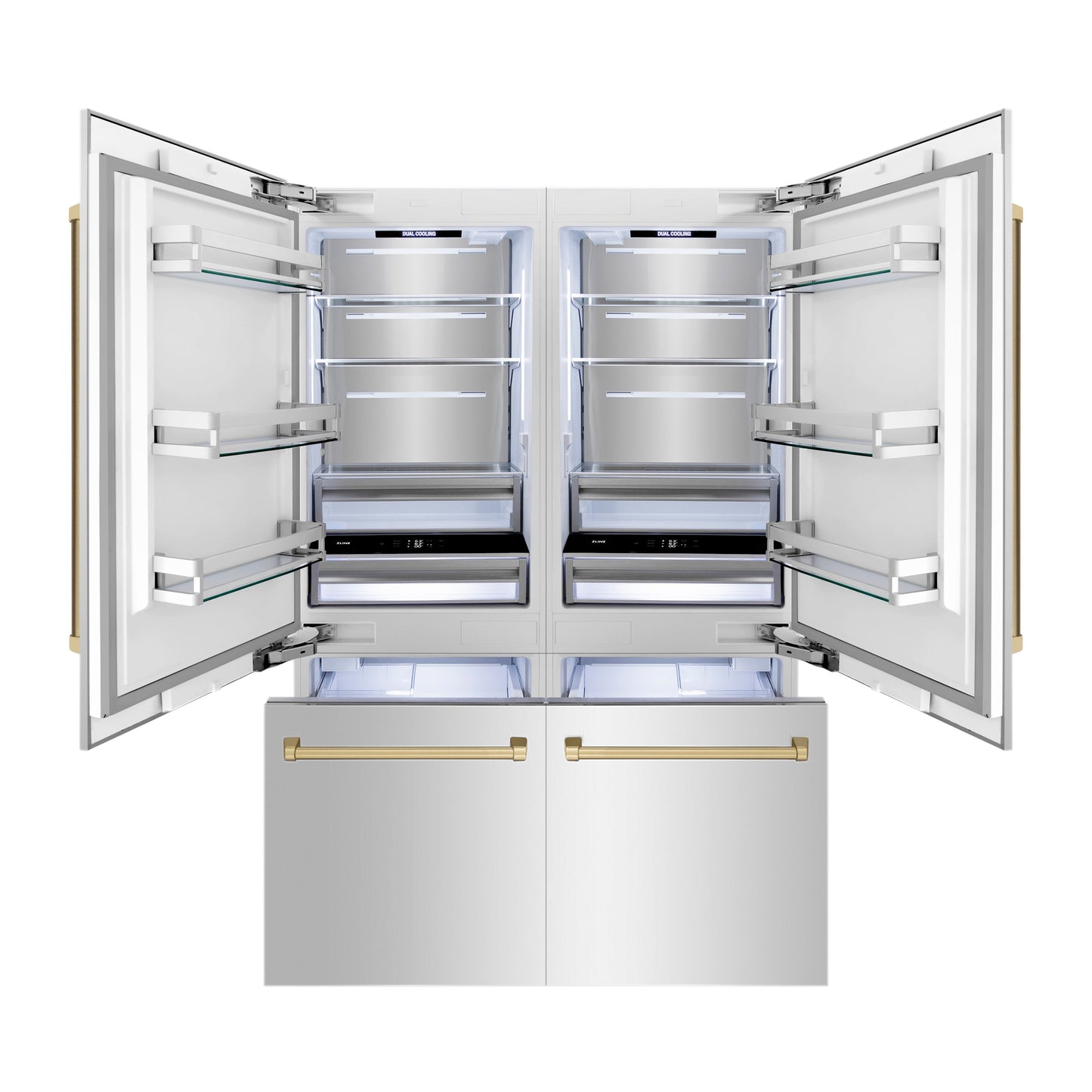 ZLINE Autograph Edition 60 in. 32.2 cu. ft. French Door Built-In Bottom Freezer Refrigerator with Water Dispenser and Ice Maker in Stainless Steel with Champagne Bronze Accents (RBIVZ-304-60-CB)
