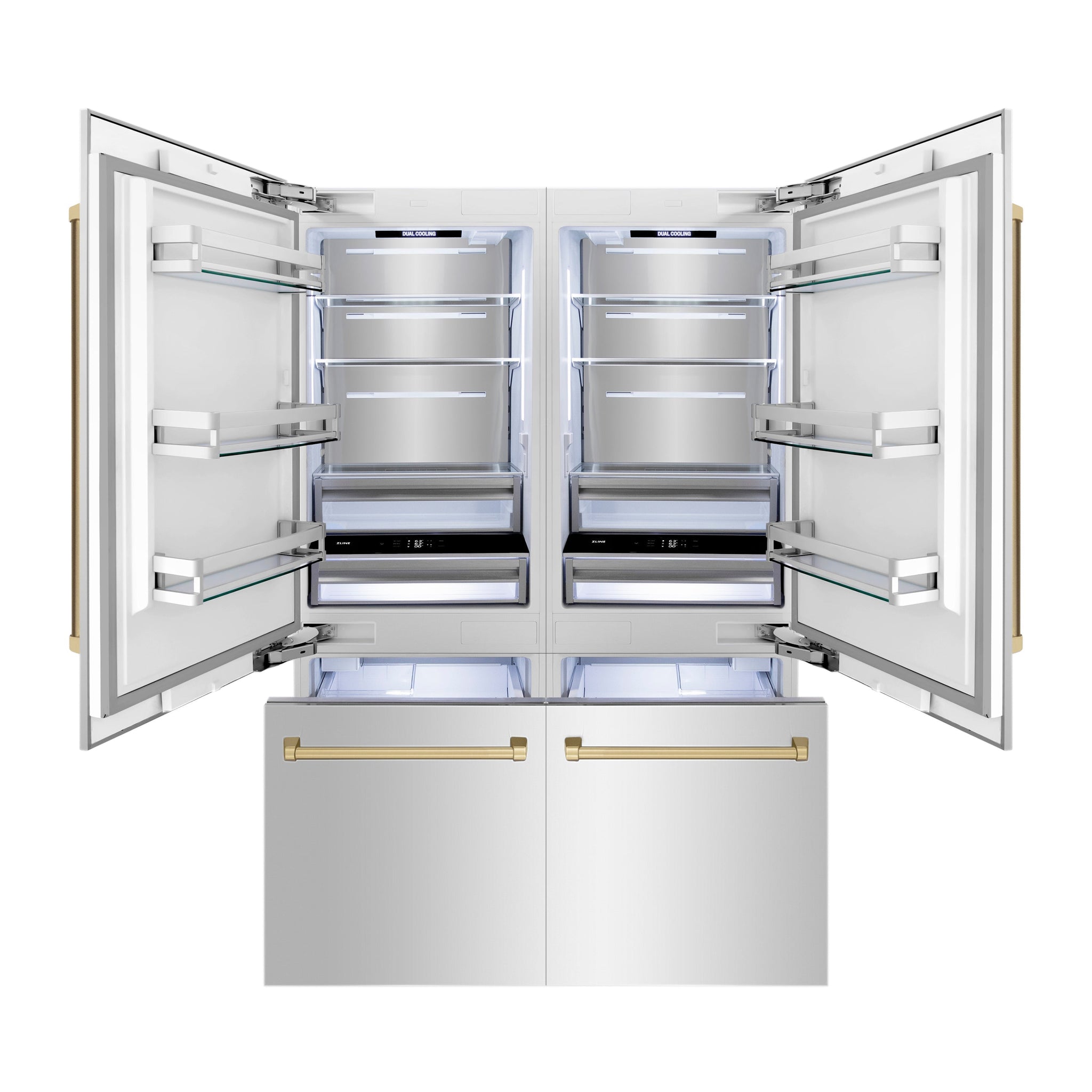 ZLINE Autograph Edition 60 in. 32.2 cu. ft. French Door Built-In Bottom Freezer Refrigerator with Water Dispenser and Ice Maker in Stainless Steel with Champagne Bronze Accents (RBIVZ-304-60-CB)